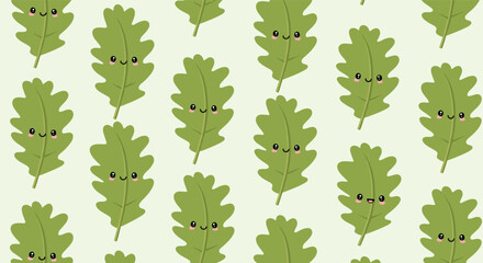 Seamless pattern of adorable kawaii green oak leaves with cute smiling faces, creating a cheerful and natural background design.