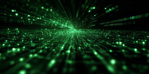 Glowing green digital streams rush towards a vanishing point in dark cyberspace