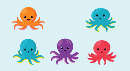 Vibrant set of five adorable cartoon octopus characters in orange, blue, purple, and red with different expressions and poses.