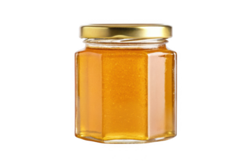Hexagonal glass jar filled with golden honey isolated on transparent background