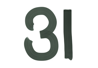 Number Thirty-one, 31 made with Plaster Rake Brush on transparent background, Digit, Black color, Dark-green color, isolated background, Illustration, Typography, Handmade, Set 0-100