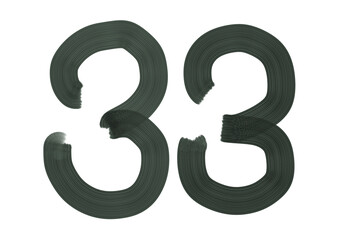 Number Thirty-three, 33 made with Plaster Rake Brush on transparent background, Digit, Black color, Dark-green color, isolated background, Illustration, Typography, Handmade, Set 0-100