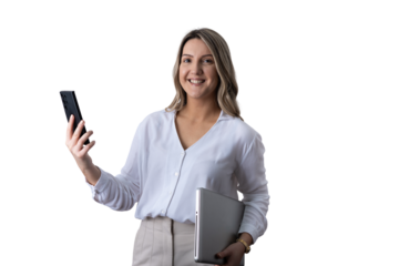 Businesswoman holding phone and laptop smiling portrait transparent background
