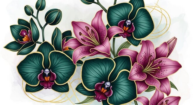 Stylized orchids and lilies with gold accents on a white background