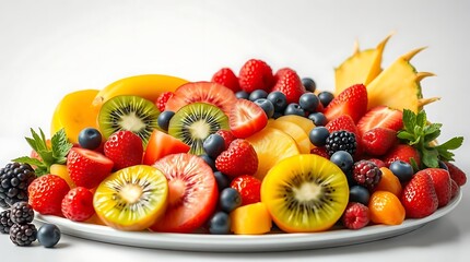 Ultra-realistic, a vibrant fruit platter featuring a variety of colorful fruits like kiwi, pineapple, and berries, arranged artistically, bright studio lighting, food photography