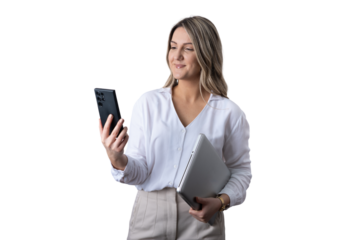 Businesswoman looking at phone holding laptop, transparent background