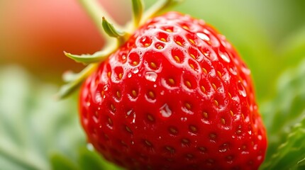 Ultra-realistic, a vibrant, macro photograph of a perfectly ripe strawberry, glistening with dew drops, set against a softly blurred green background, emphasizing texture and color