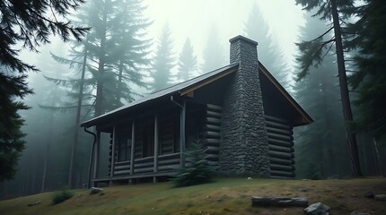 Ultra-realistic, cinematic exterior shot of a rustic cabin nestled in a dense, misty pine forest, with weathered wood siding and a stone chimney, during a soft, overcast day
