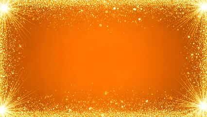 An orange-toned background with a shimmering golden frame, featuring radiant light bursts.