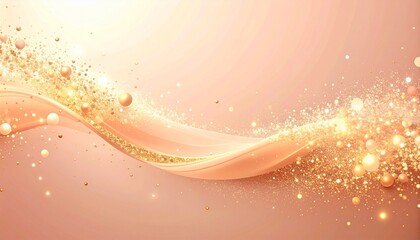 Glamorous and elegant abstract background featuring a dynamic wave of golden glitter and sparkling particles on a soft pink peach backdrop