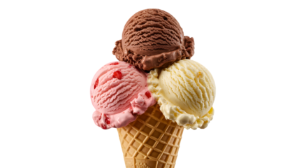 Delicious triple scoop ice cream cone with chocolate strawberry and vanilla flavors isolated on transparent background
