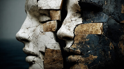 Abstract sculpture featuring fragmented human faces with cracked patterns