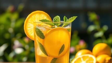 Ultra-realistic, photorealistic render of a refreshing glass of iced tea with lemon slices and mint sprigs, condensation dripping down the glass, vibrant yellow and green accents