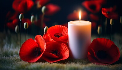 glowing candle and red poppies representing remembrance day patriotic honor soldier tribute sacrifice and military remembrance