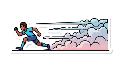 Dynamic illustration of a determined athlete running fast with clouds of motion and speed trailing behind him