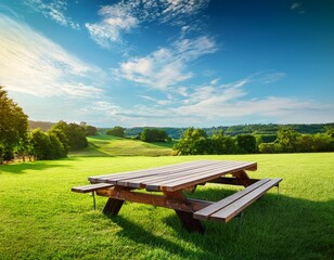 idyllic summer picnic scene open sky vibrant greenery inviting picnic table room for text