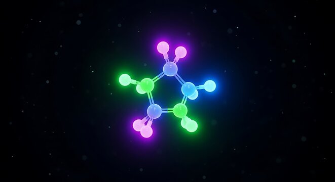 Glowing molecular structure with vibrant neon lights against a dark, starry background
