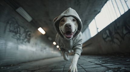 A stylish dog running through a concrete tunnel, wearing a hoodie and capturing a sense of urban adventure. The walls are covered in graffiti, and the dog's expression is full of joy.