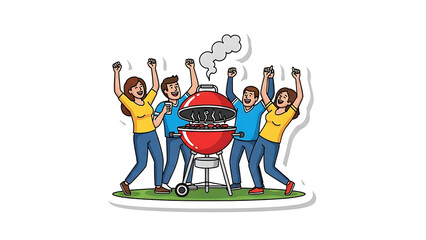 Happy diverse group of friends celebrating around a smoking barbecue grill outdoors on a sunny day enjoying a summer cookout party