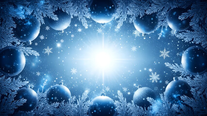A magical blue Christmas background with a bright central star, framed by frosty pine branches, ornaments, and falling snowflakes.