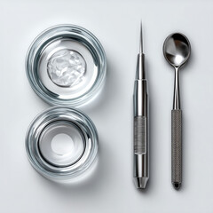 Glass bowl, metal needle tool, and spoon arranged on white background, showcasing clean, modern laboratory equipment style