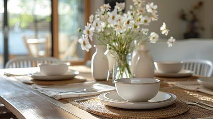 Brightly lit dining table set with white dishes and fresh flowers