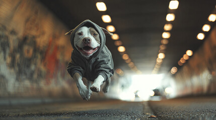 A dog wearing a hoodie running towards the light in the tunnel