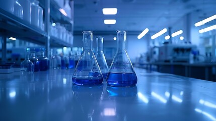 Row of laboratory flasks with blue liquid on a clean counter