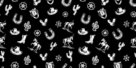 Naklejka premium Black and white cowboy and western icon pattern background