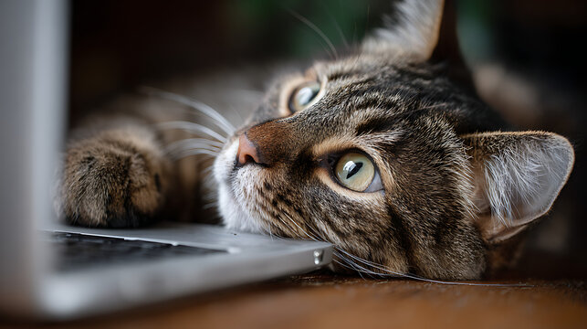 Tabby cat resting head on laptop keyboard looking intently feline animal - Powered by Adobe