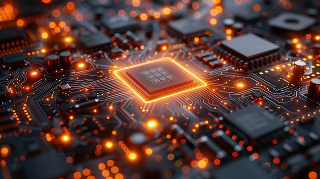 Close up of a glowing central processor on a futuristic computer circuit board