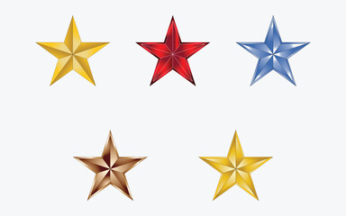 Obraz premium A Collection of Five Unique Star Illustrations Displaying Various Colors and Metallic Textures, Each Star Exhibits Distinctive Shading and Highlights on a Plain Background, Showcasing Different Artist