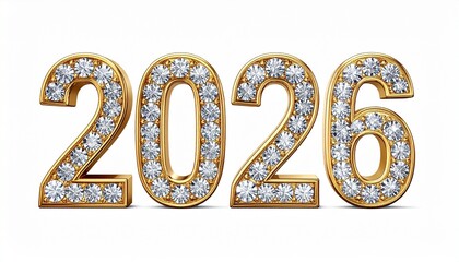 “Golden 2026 numerals decorated with sparkling diamonds on a clean white background.”