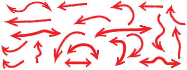 Various red brush drawn curved arrows. Collection doodle marker thick arrows in different directions. Grunge rough direction shape for design. Vector brush strokes,Red pencil arrow doodles