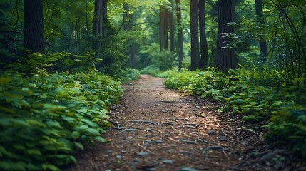 Sunlit forest path winding through lush green trees and foliage