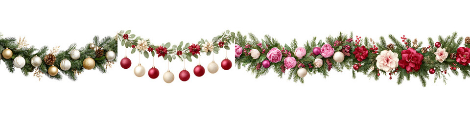 Festive Christmas Garland with Flowers, Ornaments and Pine