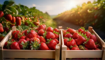 freshly harvested strawberries in wooden crates