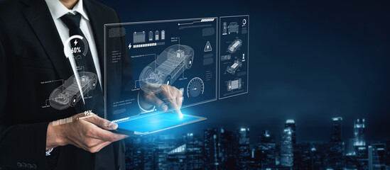 Technical layout of electric vehicle showing battery system, power control, traction motor, charging interface, and integration with renewable and smart energy sources Vouch