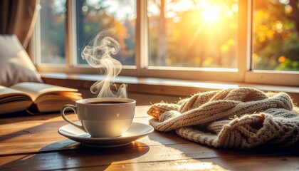 Cozy morning scene with sunlight streaming through the window, warm coffee steam rising, photorealistic cinematic angle, peaceful atmosphere, soft shadows, inviting home interior