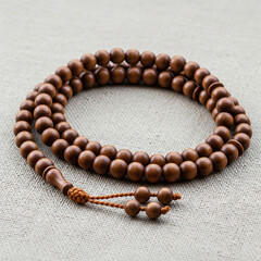 Obraz premium Prayer beads placed on natural fabric background.
