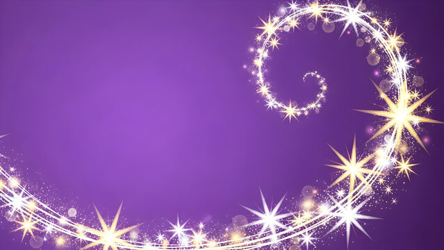 Sparkling golden stars and glitter form a magical spiral on a vibrant purple background.