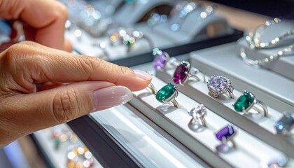 “A person selecting a gemstone ring from a brightly lit jewelry display filled with elegant rings.”