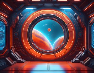 spaceship corridor porthole red blue planets futuristic game background