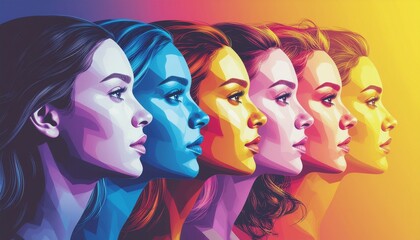 A striking row of women posed in different styles, illuminated by multiple lighting setups with dramatic contrast, showcasing diversity, mood variation, and high-fashion cinematic visual impact