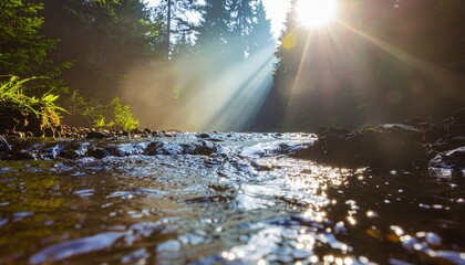 A hyper-realistic surreal scene of a glowing liquid stream flowing through a dark forest, illuminated by dreamy ethereal light, creating a mystical atmosphere with otherworldly visual depth