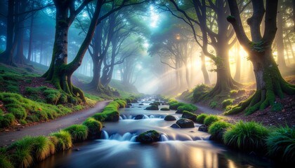 A hyper-realistic surreal scene of a glowing liquid stream flowing through a dark forest, illuminated by dreamy ethereal light, creating a mystical atmosphere with otherworldly visual depth