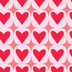 Cute red hearts with coral pink retro starbursts seamless pattern. For valentine&rsquo;s day print, wrapping paper, greeting cards and fabric