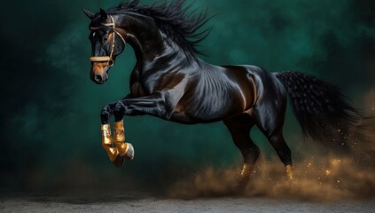 A striking black horse jumps majestically against a dramatic backdrop, showcasing its strength and elegance with a golden halter and protective gear.