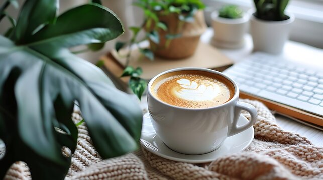 Cozy morning coffee with plants and a laptop on a windowsill - Powered by Adobe