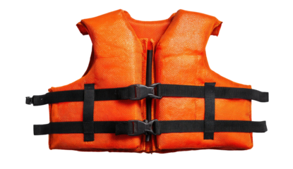 Close-up of a bright orange personal flotation device with black straps and buckles